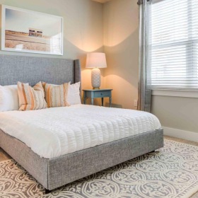 a bedroom with a bed and lamps